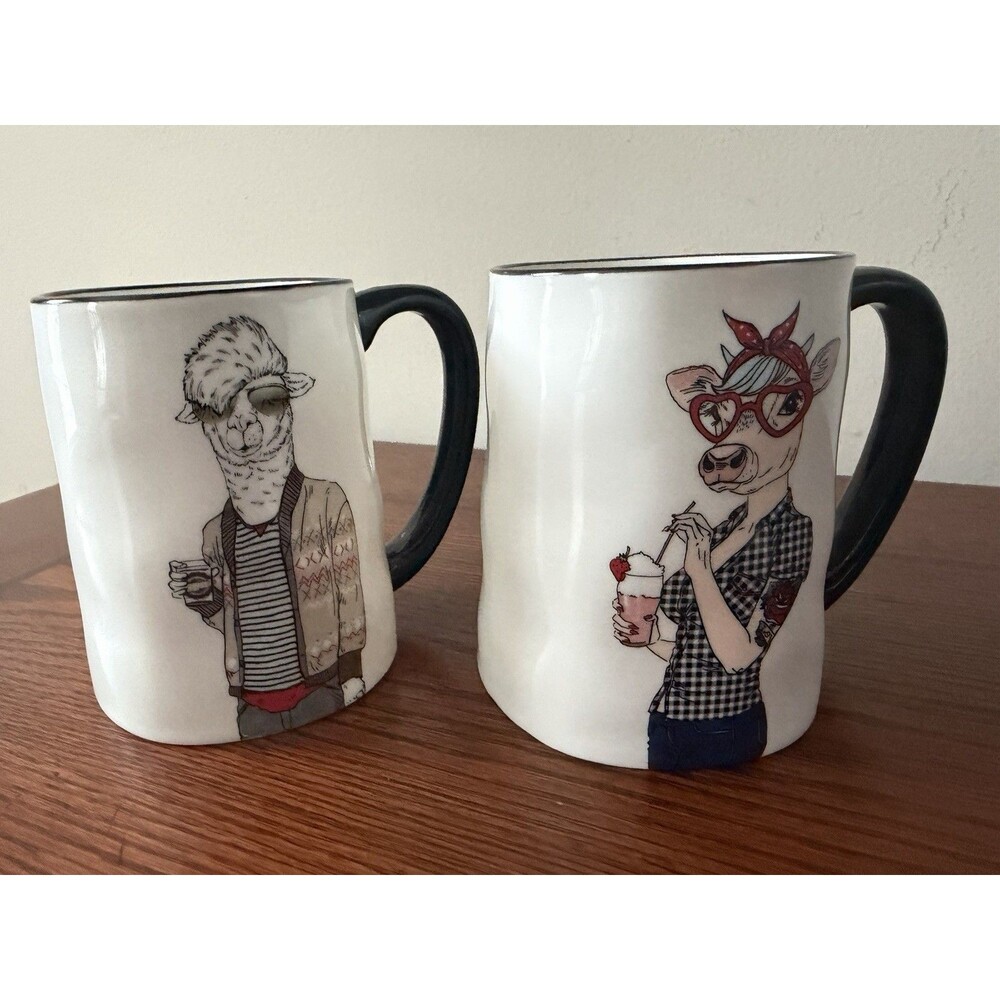 Signature Housewares Mugs Animal Hipster Stoneware Set Of 2 - Cow And Llama